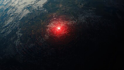 Futuristic global monitoring concept showing earth with red alert marker symbolizing security tracking and international threat analysis