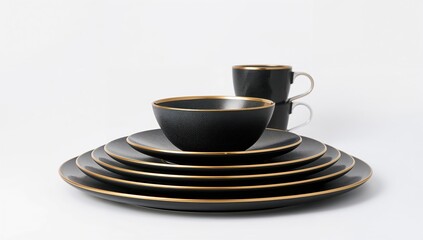 Premium black coffee cup with golden accents arranged on matching saucers symbolizing modern elegance and fine dining aesthetics