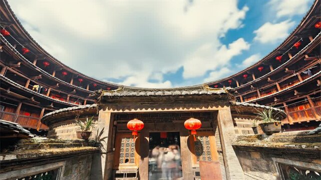 Fujian Tulou interior ultra-wide angle time-lapse photography