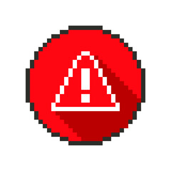 Warning pixel icon. Triangular attention pixelated symbol. Danger badge