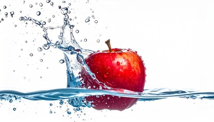 Red apple splashing into water with droplets suspended mid-air on white background.
