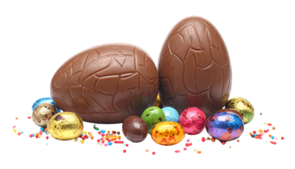 Chocolate eggs, isolated on transparent background, Easter concept.