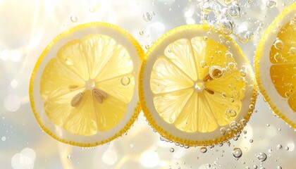 Three lemon slices submerged in bubbly liquid with bright reflections, evoking freshness and hydration.