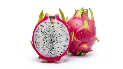 Fresh Dragon Fruit Halved and Whole on White Background.