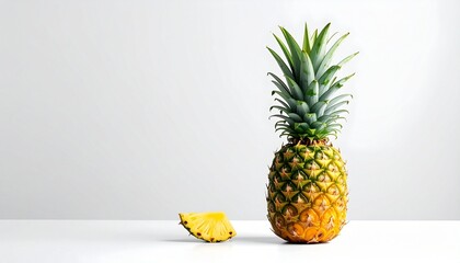 Whole pineapple with slice on white surface, showcasing tropical freshness and vibrant texture.
