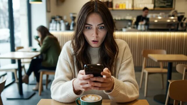 Amazed woman in a cafe gasping while looking at her smartphone screen with a cappuccino on the table