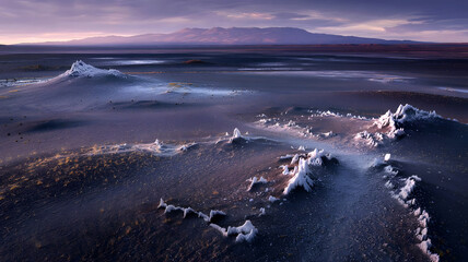 Breathtaking Aerial View of Crystalline Formations in a Volcanic Twilight Landscape