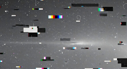 Glitchy digital screen with distorted colors and pixels against a dark background with a horizontal white light streak.