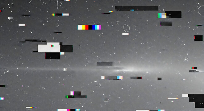 Glitchy digital screen with distorted colors and pixels against a dark background with a horizontal white light streak.