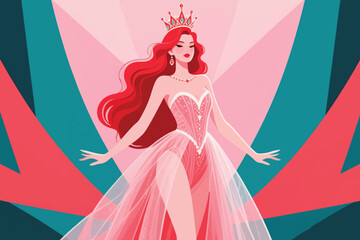 Fototapeta premium Regal woman with red hair in glamorous translucent gown and crown standing confidently in geometric fantasy background.