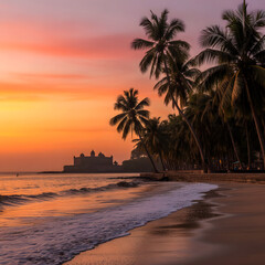 Golden Hour Sunset at Alibaug Beach with Palm Trees and Fort