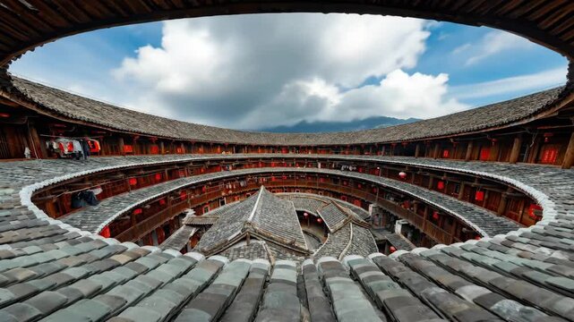 Fujian Tulou interior ultra-wide angle time-lapse photography