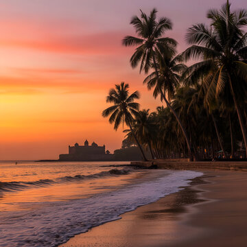 Golden Hour Sunset at Alibaug Beach with Palm Trees and Fort