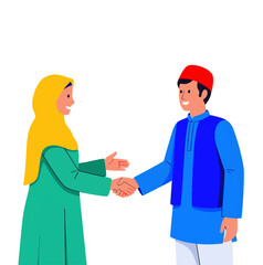 Fototapeta premium Cartoon illustration of two people shaking hands in traditional attire