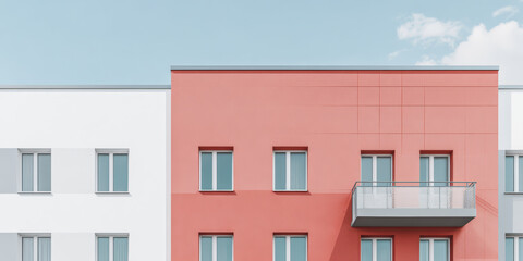 Obraz premium Modern building with a red and white facade showing multiple windows against a blue sky