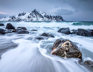 Coastal scene shows waves washing over dark rocks towards a snow-capped mountain