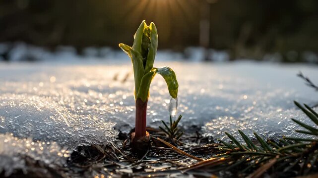 Plant sprout emerges through melting ice in spring. Growth pushes through thawing snow with sunlight. Sprout breaks ice showing spring arrival. Plant grows from melting ice. Spring growth begins.