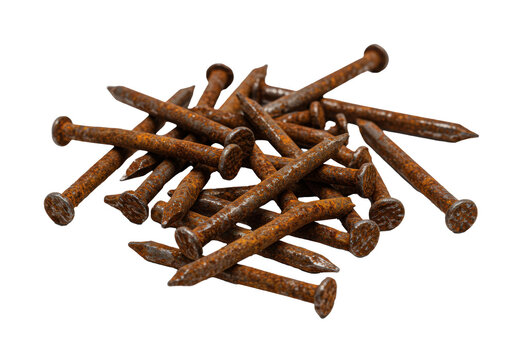 A collection of antique heavily oxidized and bent iron nails on a transparent background with dramatic lighting and shadows. Gritty industrial decay concept