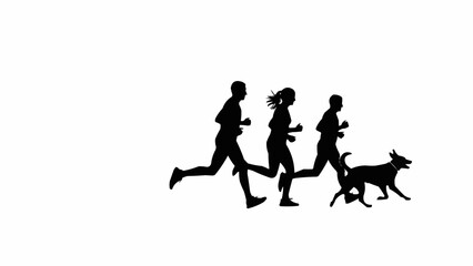 Silhouettes of people and dog running together outdoors.