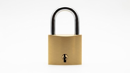 Naklejka premium A single brass padlock with a silver shackle stands against a clean white background