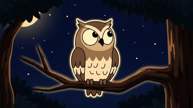Cute cartoon owl hooting and looking around in a night forest with starry sky and full moon