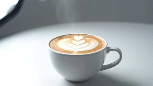 Steaming latte with foamy art, in a white cup, on a white surface with a soft shadow