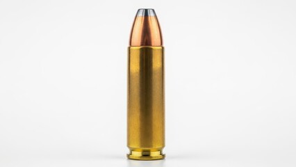 A single brass rifle cartridge with a pointed projectile stands upright against a white background