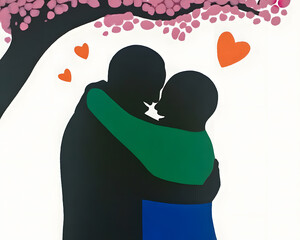 Romantic Couple Hugging Under Blossoming Tree Minimalist Digital Art