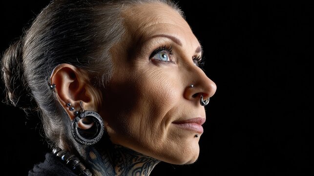 Profile portrait of a person with body modifications against a black background