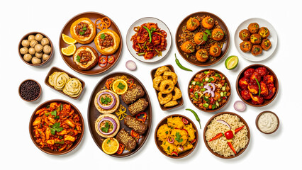 A vibrant assortment of international dishes beautifully arranged on multiple plates and bowls, showcasing a variety of culinary delights on a white background, viewed from directly above.
