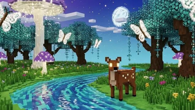 Pixelated fantasy landscape with animated deer and glowing butterflies