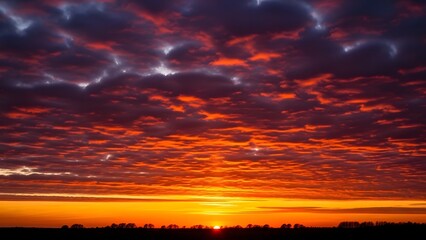 Vibrant orange sunset with dramatic clouds over silhouette trees