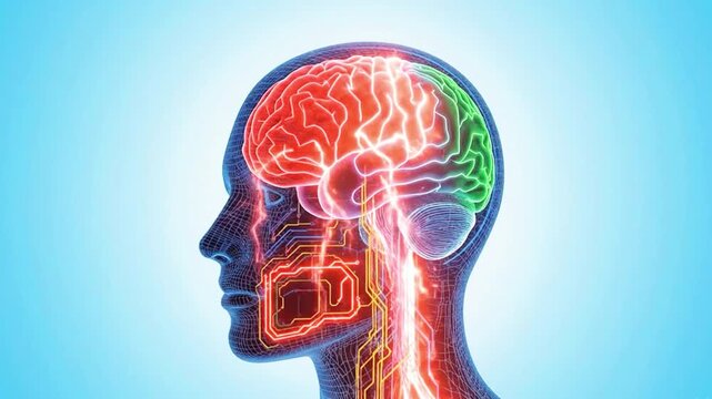 A video showcasing a colorful human brain with glowing neural connections inside a human head, set against a blue background.