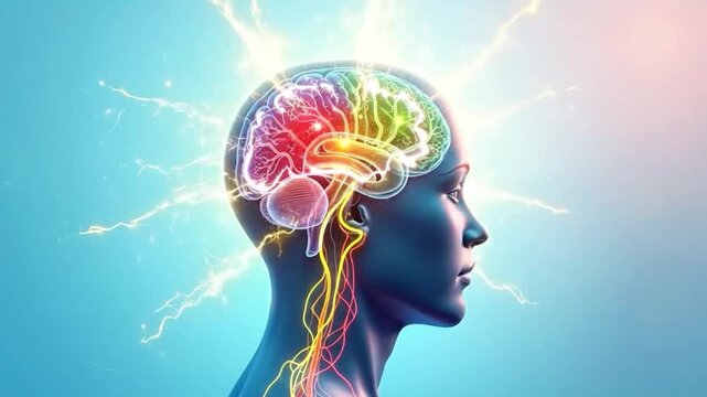 A video showcasing a colorful human brain with glowing neural connections inside a human head, set against a blue background.