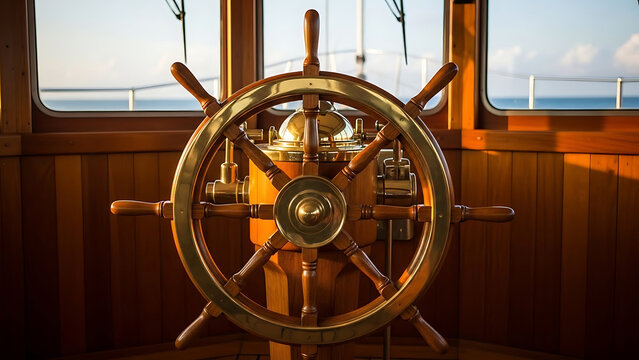 Antique brass and wood ship steering wheel inside a nautical cabin with ocean view