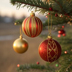 Close-up of Christmas ornaments on a tree, red and gold baubles, soft bokeh background