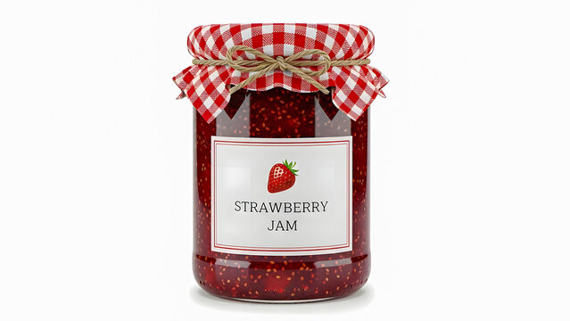 A jar of strawberry jam with a red and white checkered lid on a white background