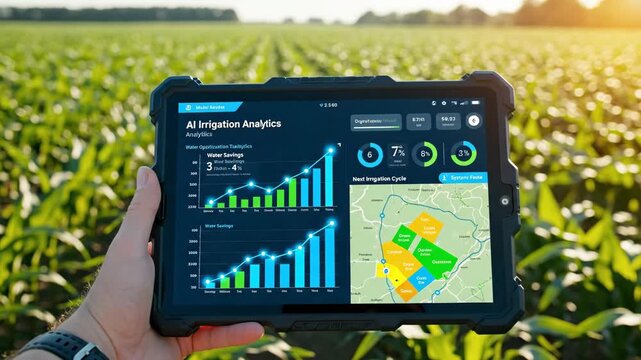 A close-up shot of a hand using a rugged tablet to analyze ai irrigation data, displaying bright green charts in a sunny agricultural field.
