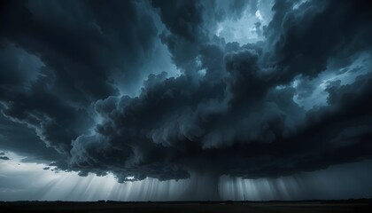 Dramatic stormy landscape with dark clouds and sunbeams breaking through