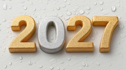 Glittering Gold and Silver 2027 Numerals Surrounded by Water Droplets on a Light Background for New Year Celebration or Milestone Event