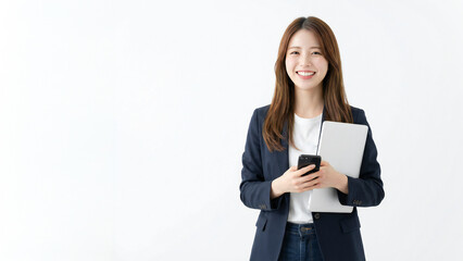 Smiling businesswoman holding laptop and smartphone isolated on white background