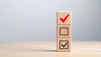 Vertical stack of wooden blocks with checkboxes—red checkmark, empty box, black checkmark—on neutral background.