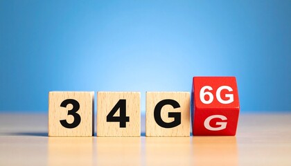 Wooden blocks labeled 3G to 6G with wireless icon on red block, symbolizing mobile network evolution.