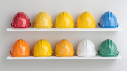 Neatly Arranged Safety Helmets on a Shelf Showcasing Bright Colors for Construction Use in a Professional Environment