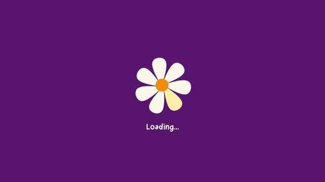Rotating daisy flower loading animation screen with text on a purple background