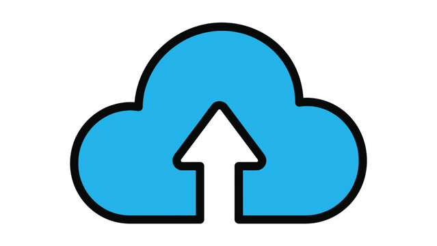 Simple stylized blue cloud computing icon featuring an upward white arrow indicating the process of uploading data or transferring files to the network storage system