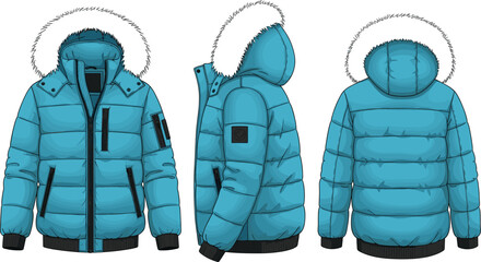 Blue winter puffer jacket vector illustration front side back views warm hooded outerwear fashion design isolated modern style © Arzina
