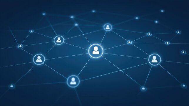 Blue Digital Network Illustration Showing Connected Profiles to a Central Hub with Light Effects and Technology Elements - Powered by Adobe