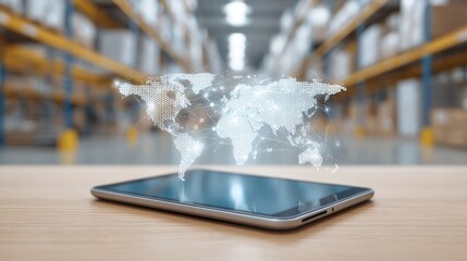 Digital World Map Overlay on Tablet in a Modern Warehouse Setting with Blurred Shelves in Background