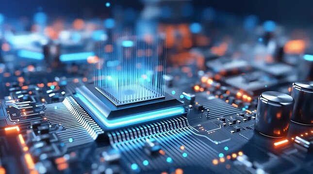 Quantum chip glowing pins on futuristic circuit board close up digital data transmission circuit